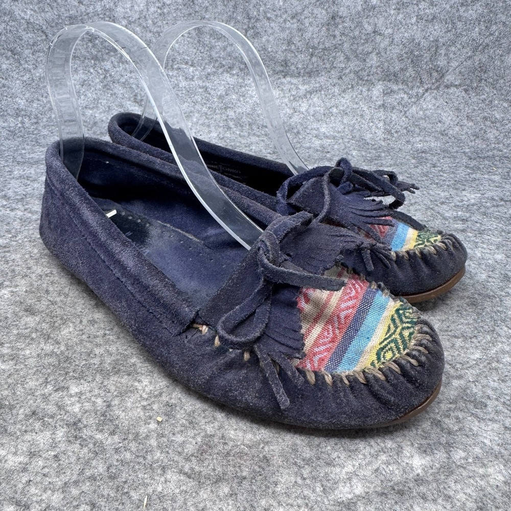 Minnetonka Moccasins Arizona Aztec Shoes Womens Size 7.5 Blue Suede Southwestern